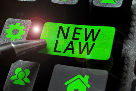Text caption presenting New Law. Internet Concept system of rules that enforced through social or governmentalの写真素材