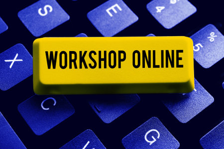 Writing displaying text Workshop Online. Word for room or building in which goods are manufactured repairedの写真素材
