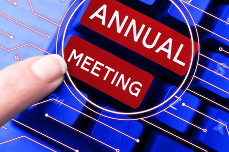 Hand writing sign Annual Meeting. Word for Yearly gathering of an organization interested shareholdersの写真素材