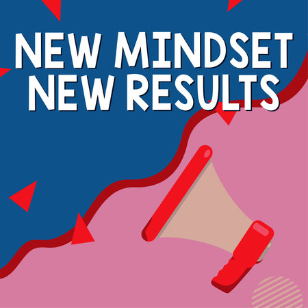 Hand writing sign New Mindset New Results. Business showcase Open to Opportunities No Limits Think Biggerの写真素材
