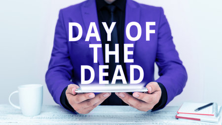 Sign displaying Day Of The Dead. Business overview mexican celebration honouring people that have passed awayの写真素材