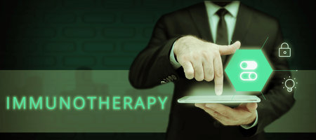 Conceptual caption Immunotherapy. Business overview treatment or prevention of disease that involves enhancement of immune systemの写真素材