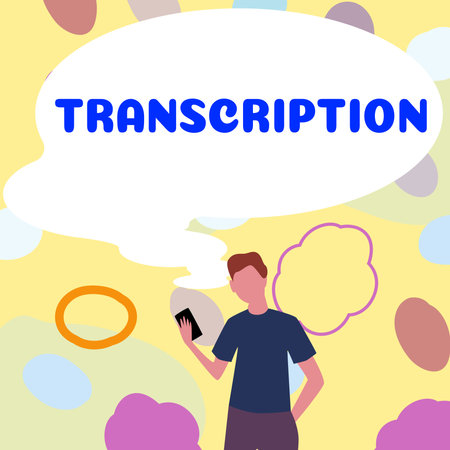 Text sign showing Transcription. Conceptual photo Written or printed version of something Hard copy of audioの写真素材