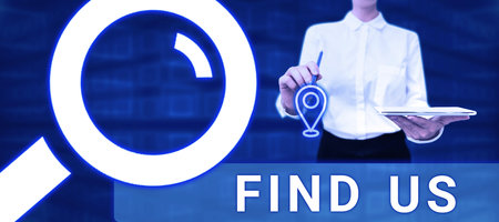 Sign displaying Find Us. Business approach individuals private or personal information by another personの写真素材