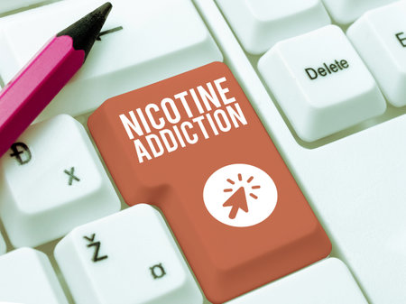 Text sign showing Nicotine Addiction. Word for condition of being addicted to smoking or tobacco consumingの写真素材