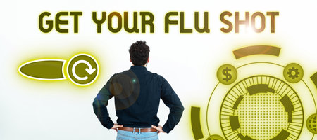 Hand writing sign Get Your Flu Shot. Word for Acquire the vaccine to protect against influenzaの写真素材