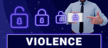 Text caption presenting Violence. Word Written on the use of physical force to injure, abuse, damage or destroyの写真素材