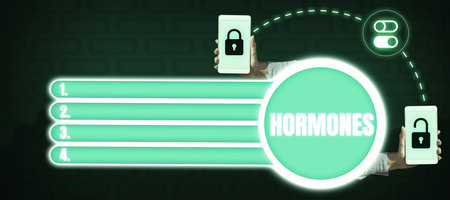 Sign displaying Hormones. Business approach regulatory substance produced in organism transported tissue fluidsの写真素材
