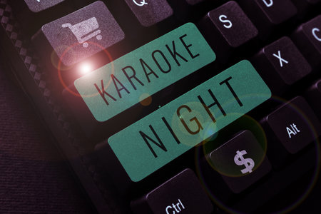 Conceptual display Karaoke Night. Business overview Entertainment singing along instrumental music played by a machineの写真素材