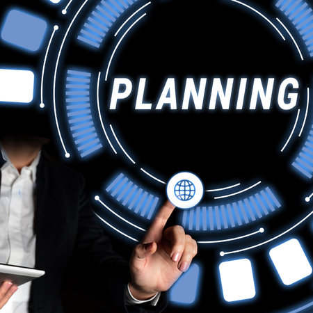 Writing displaying text Planning. Business overview process of thinking about the activities required to achieve a goalの写真素材