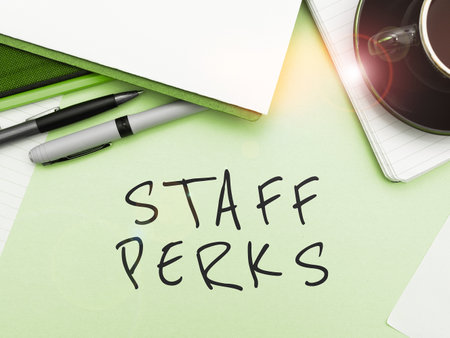 Text showing inspiration Staff Perks. Internet Concept Workers Benefits Bonuses Compensation Rewards Health Insuranceの写真素材