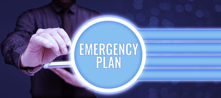 Sign displaying Emergency Plan. Internet Concept Procedures for response to major emergencies Be preparedの写真素材