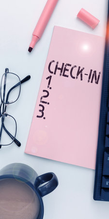 Writing displaying text Check In. Internet Concept Procedure by which an airline or hotel formally registers the guestの写真素材