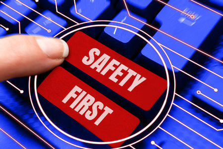 Conceptual caption Safety First. Word Written on Avoid any unnecessary risk Live Safely Be Careful Pay attentionの写真素材