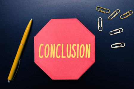 Conceptual caption Conclusion. Business concept Results analysis Final decision End of an event or processの写真素材