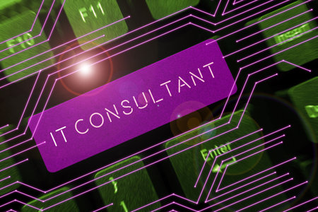 Text caption presenting It Consultant. Word for Focuses on advising organizations how to manage their IT servicesの写真素材