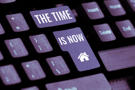 Text sign showing The Time Is Now. Word for encouraging someone to start doing today Dont be lateの写真素材