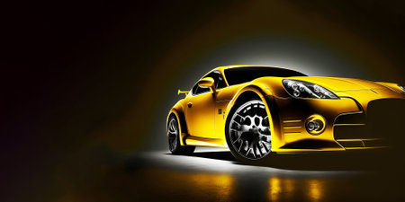 Yellow sports car on a dark background. 3d rendering. 3d illustration.の素材