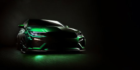 Sport car with green neon light on a dark background. 3d renderingの素材