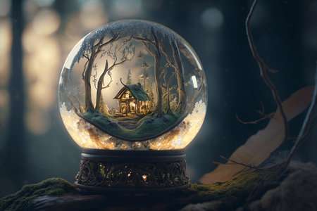 Magic crystal ball with fairy house inside. Fairy tale concept. 3D Renderingの素材