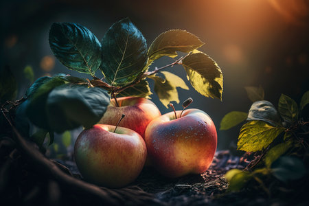 Three red apples in a basket on the ground in the garden.の素材