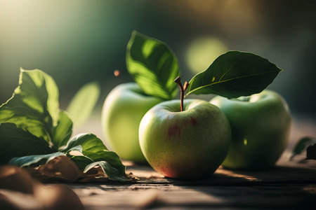 Green and red apples with leaves on a wooden table in the gardenの素材