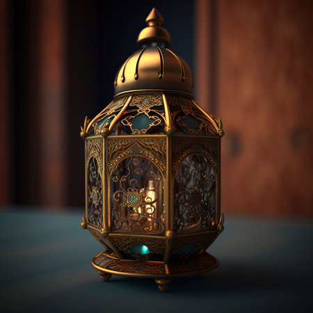 3d illustration of arabic lantern in the dark room.の素材