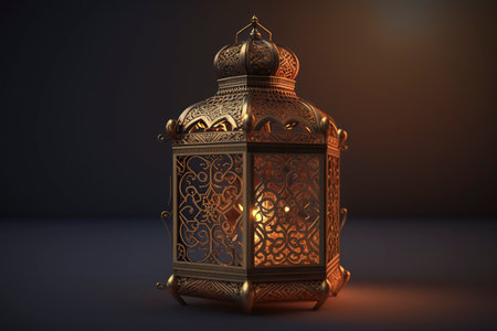 3d rendering of Ramadan Kareem lantern in dark room with lighting effectの素材
