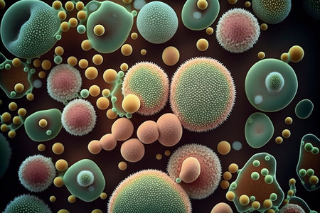 3d illustration of red blood cells with green virus cells in the bloodの素材
