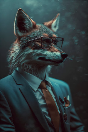 Portrait of a fox wearing a suit and glasses. Fashion shot.の素材