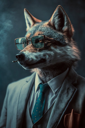 Portrait of a wolf in a suit and tie with sunglasses.の素材