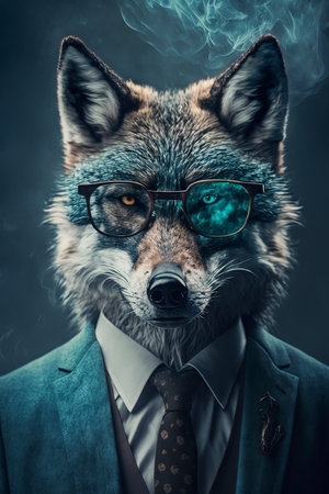 Portrait of a fox wearing a suit and glasses. Fashion shot.の素材