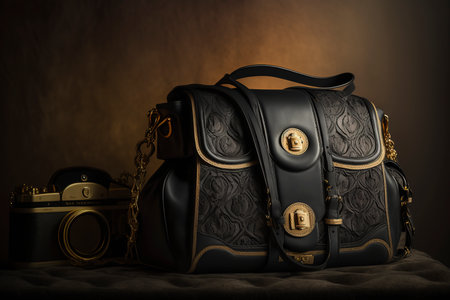 Black leather bag with a gold chain and a camera on a dark backgroundの素材