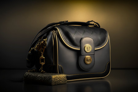 Luxury black leather handbag on a dark background. 3d renderingの素材