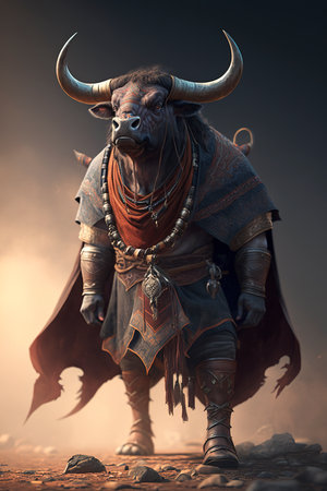Portrait of a strong powerful buffalo warrior in armor. Fantasy.の素材
