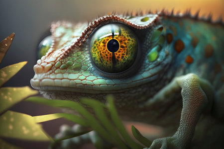Close-up of a chameleon with a green eye.の素材