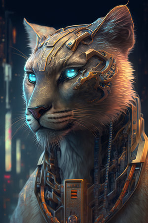 3D rendering of a fantasy cat with metal armor and blue eyesの素材