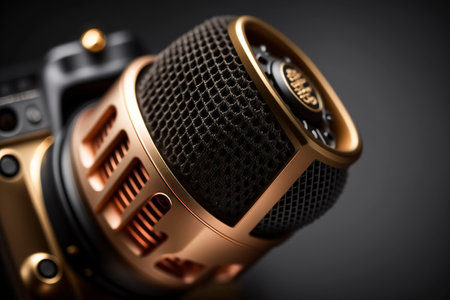 Professional condenser microphone on a black background. 3d rendering.の素材