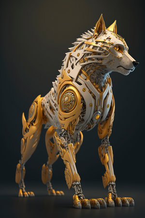 3d rendering of a golden metallic wolf on a dark background.の素材