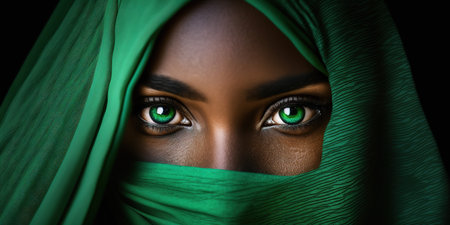Close-up portrait of beautiful african woman with green eyes.の素材