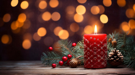Christmas background - First Advent Sunday - Red Advent candle with natural Xmas decoration, branches and pine cones on rustic wood with magic lights , copy spaceの素材