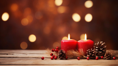 Christmas background - First Advent Sunday - Red Advent candle with natural Xmas decoration, branches and pine cones on rustic wood with magic lights , copy spaceの素材