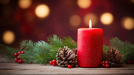 Christmas background - First Advent Sunday - Red Advent candle with natural Xmas decoration, branches and pine cones on rustic wood with magic lights , copy spaceの素材