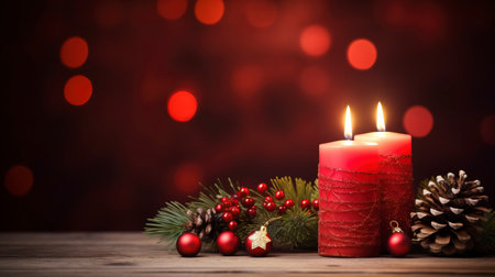 Christmas background - First Advent Sunday - Red Advent candle with natural Xmas decoration, branches and pine cones on rustic wood with magic lights , copy spaceの素材