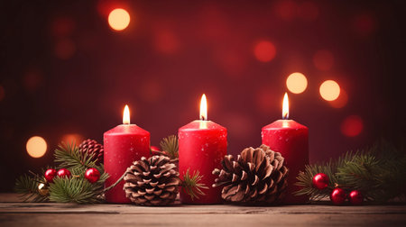 Christmas background - First Advent Sunday - Red Advent candle with natural Xmas decoration, branches and pine cones on rustic wood with magic lights , copy spaceの素材