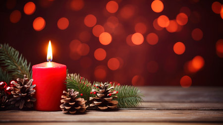 Christmas background - First Advent Sunday - Red Advent candle with natural Xmas decoration, branches and pine cones on rustic wood with magic lights , copy spaceの素材