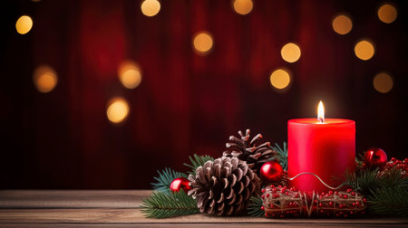Christmas background - First Advent Sunday - Red Advent candle with natural Xmas decoration, branches and pine cones on rustic wood with magic lights , copy spaceの素材