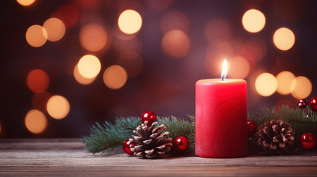 Christmas background - First Advent Sunday - Red Advent candle with natural Xmas decoration, branches and pine cones on rustic wood with magic lights , copy spaceの素材
