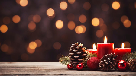 Christmas background - First Advent Sunday - Red Advent candle with natural Xmas decoration, branches and pine cones on rustic wood with magic lights , copy spaceの素材