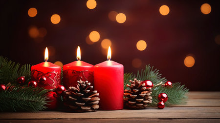 Christmas background - First Advent Sunday - Red Advent candle with natural Xmas decoration, branches and pine cones on rustic wood with magic lights , copy spaceの素材